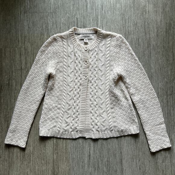 Lands’ End Cream Cable Knit Basketweave Button Down Cardigan Sweater Size Medium - Picture 1 of 8